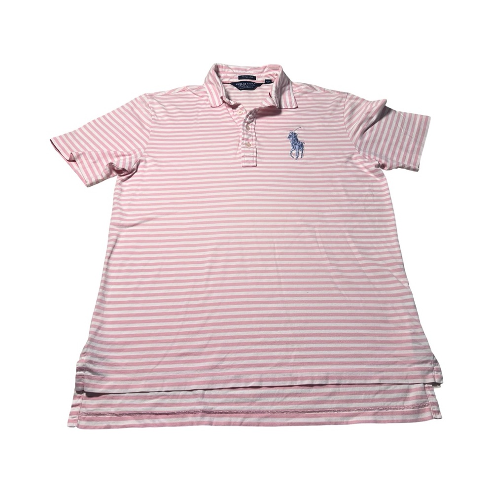 Polo Golf Mens Large White Pink Striped Big Purple Pony Polo‎ Shirt